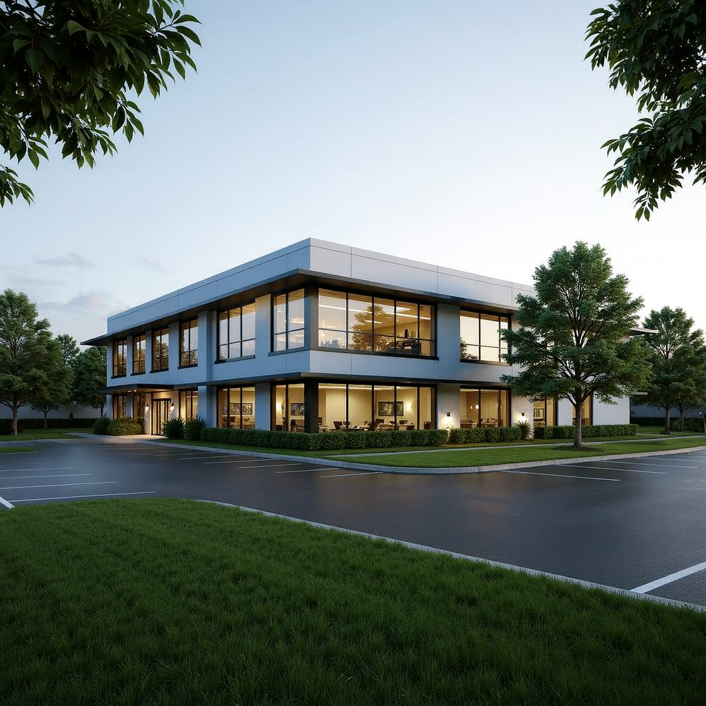Remove the white car from the parking area using content-aware fill; seamlessly reconstruct asphalt texture, parking lines, and reflections to maintain realistic lighting and a polished commercial architectural visualization