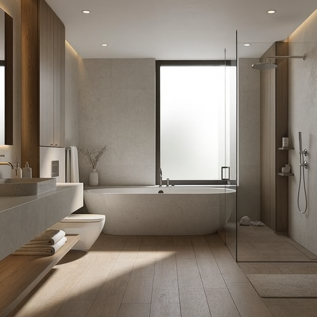Change the floor style to wide-plank natural wood or wood-look porcelain tiles in warm neutral tones; ensure subtle matte finish, realistic grain texture, and soft shadow interaction to maintain a high-end, minimalist spa bathroom design