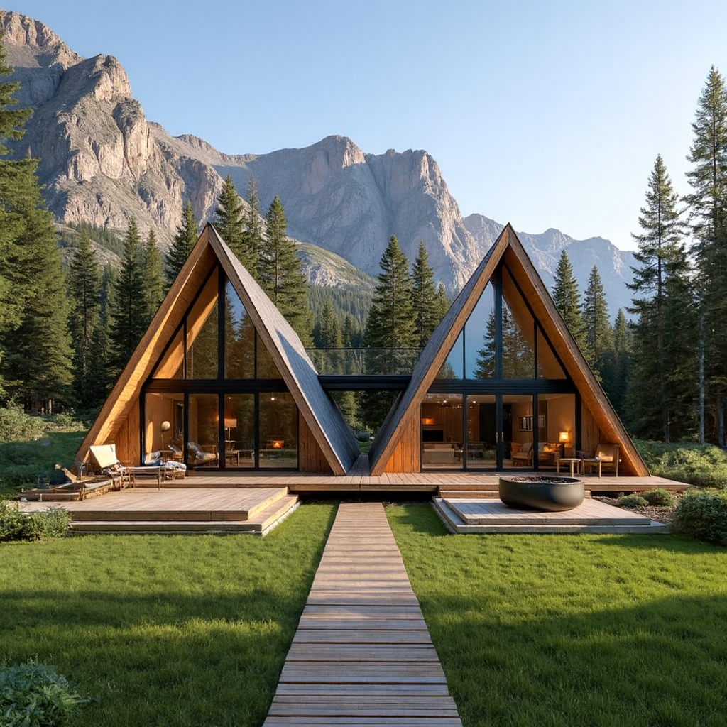 Add a minimalist wooden footway leading from the foreground lawn to the cabin entrances, using natural timber planks with subtle elevation changes; ensure realistic scale, soft ground contact shadows, and material tones that harmonize with the A-frame architecture and alpine landscape