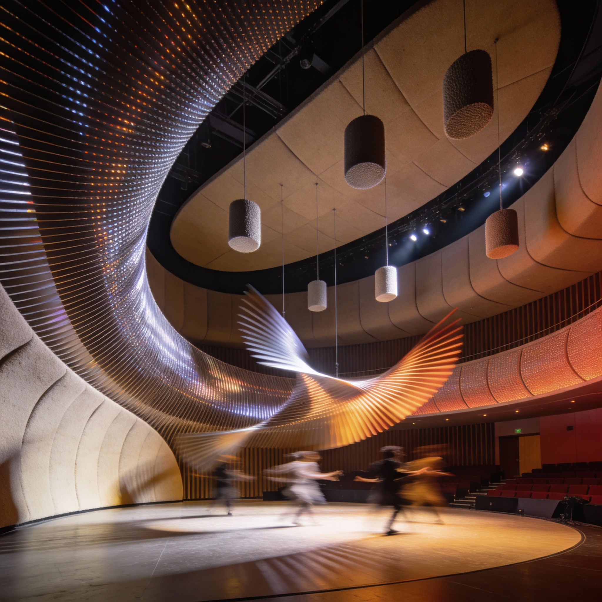 A performance space wrapped in kinetic fins that shift with sonic vibrations, made from smart polymer materials. Interior is composed of curved acoustic panels and suspended diffusers. Captured mid-performance with lighting synced to ambient tones, fins mid-movement.