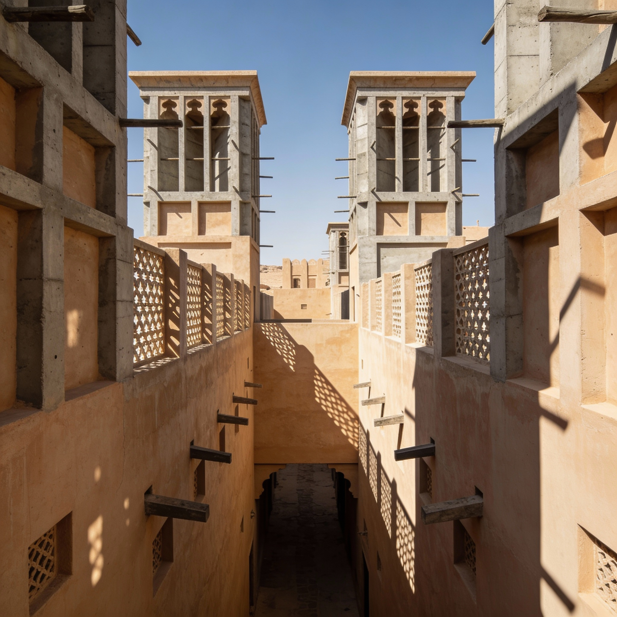 A passive-cooled housing cluster using traditional wind tower forms reimagined in exposed concrete. Narrow alleys guide airflow between buildings. Sand-colored lime plaster exterior, with patterned mashrabiya-style screens. Captured at midday with high sun casting dense shadow geometry.