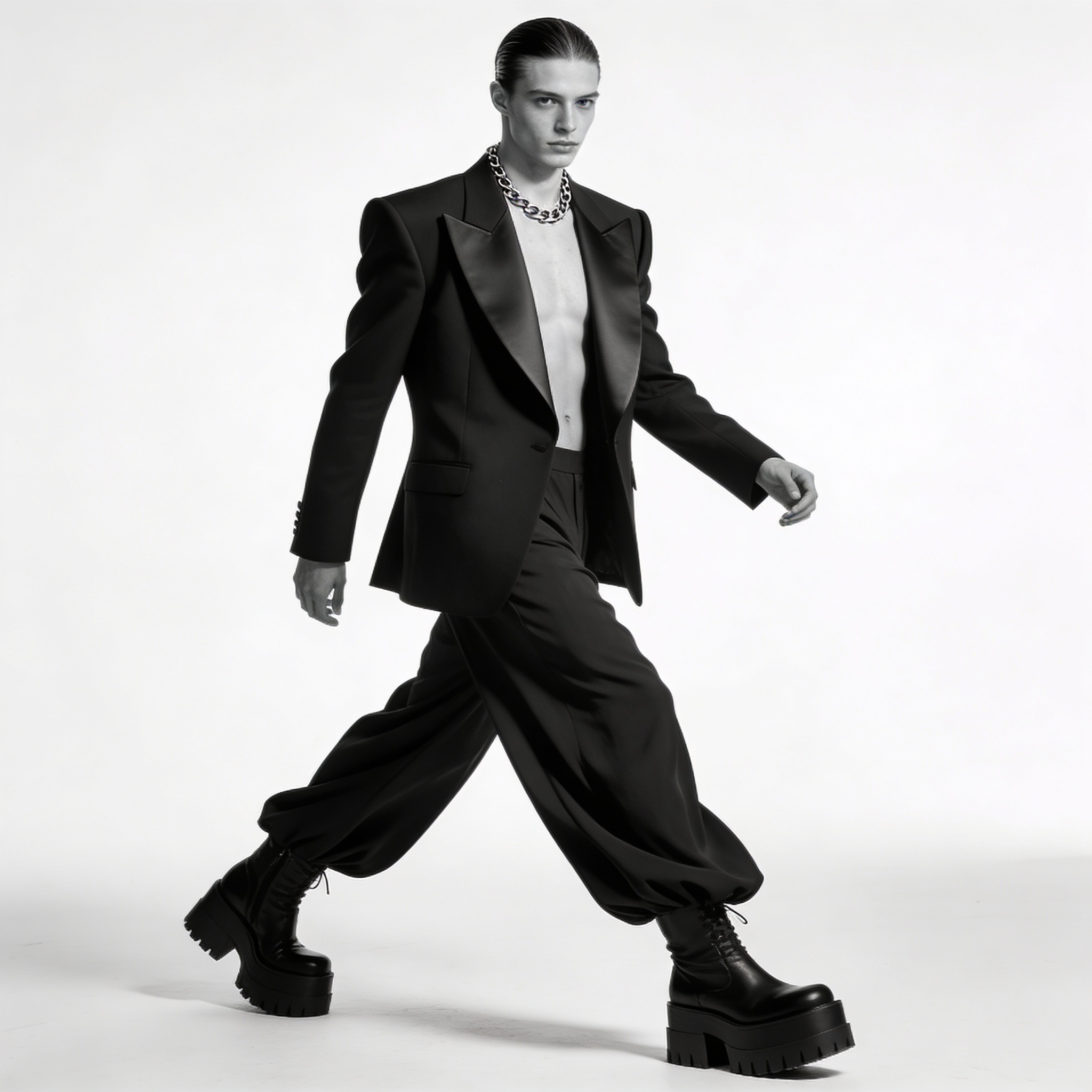 Model struts a sharply tailored blazer with wide lapels, bare chest beneath, paired with fluid palazzo pants and platform boots. Accessories include minimal chainwork and slicked-back hair. Shot in black and white with high-key lighting.