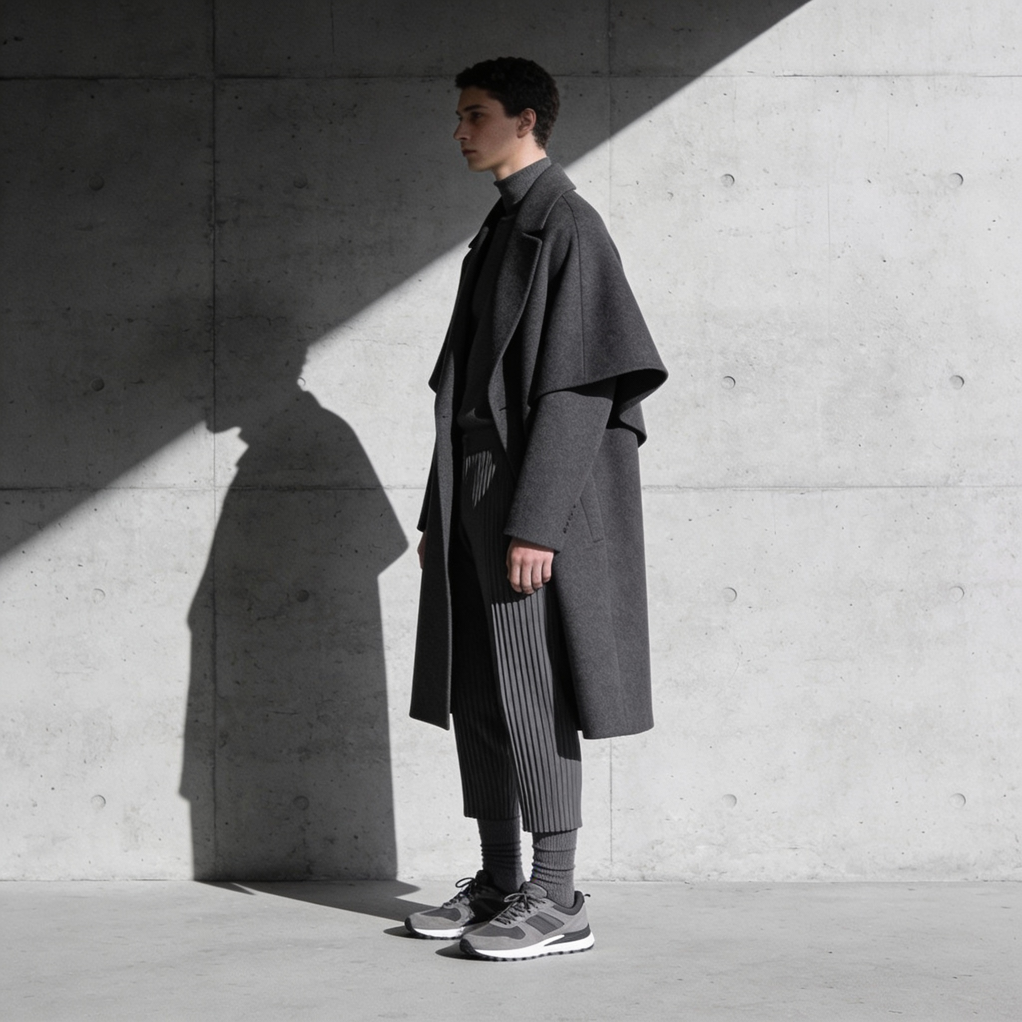 Model dressed in head-to-toe shades of charcoal and graphite: drop-shoulder wool overcoat, tailored pleated trousers, and sock-fit sneakers. Captured against a concrete backdrop with soft ambient side lighting, clean and minimalist.
