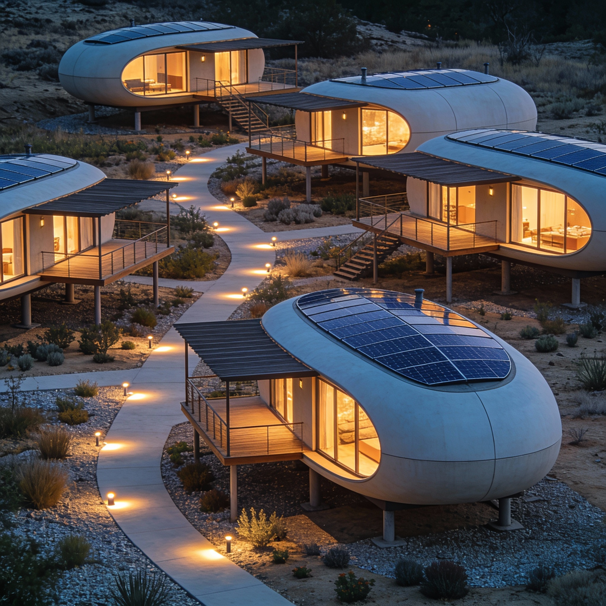Neighborhood of elliptical modular homes raised on stilts, with curved solar shingles and shaded outdoor decks. Minimal landscaping uses native plants and dry gardens. Homes connected via smart paths with embedded lighting. Captured at dusk with interior warmth radiating outward.
