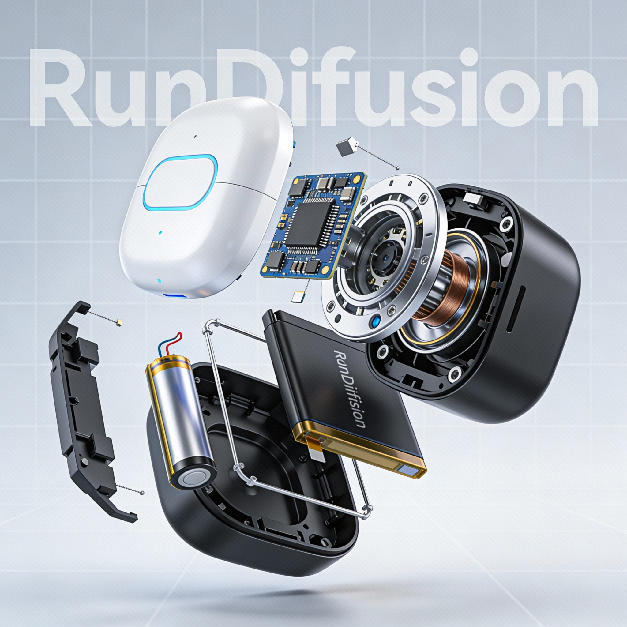 A suspended 3D render of a product showing internal components mid-air: chips, shell, battery, casing. “RunDiffusion” hovers behind in translucent grid. High-tech, engineering-inspired style, rendered photorealistically with high gloss and clean edges.
