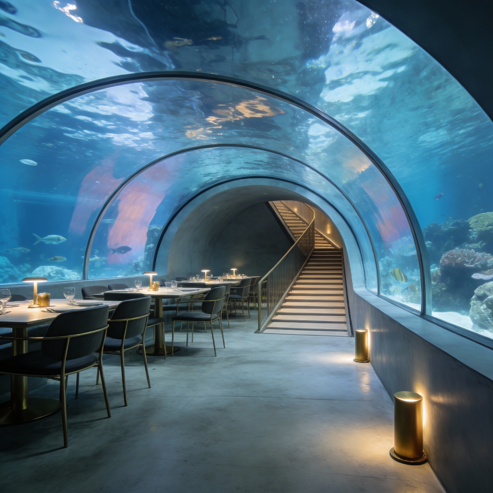 Submerged dining venue accessed via an inclined tunnel, with 270-degree curved acrylic windows revealing marine life. Interior is minimal with polished concrete floors and matte brass lighting. Captured with cool ambient underwater hues and soft blue refraction from water.
