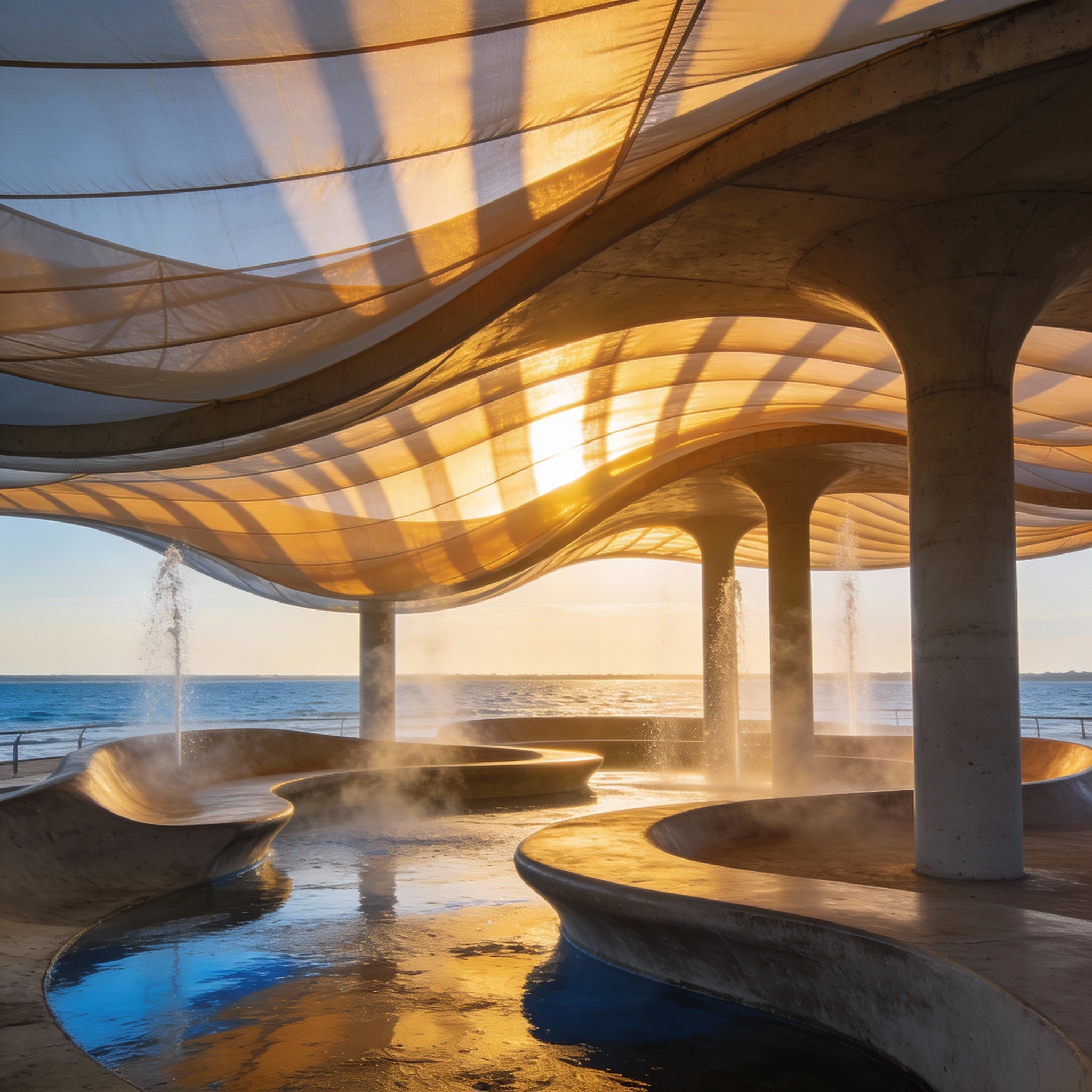 A sculptural waterfront pavilion shaped like overlapping ocean waves, constructed with layered tensile membranes and fluid concrete forms. Open-air interior features curved seating and misting spray columns. Captured at low tide with golden sun casting shadows through translucent tensile roof.