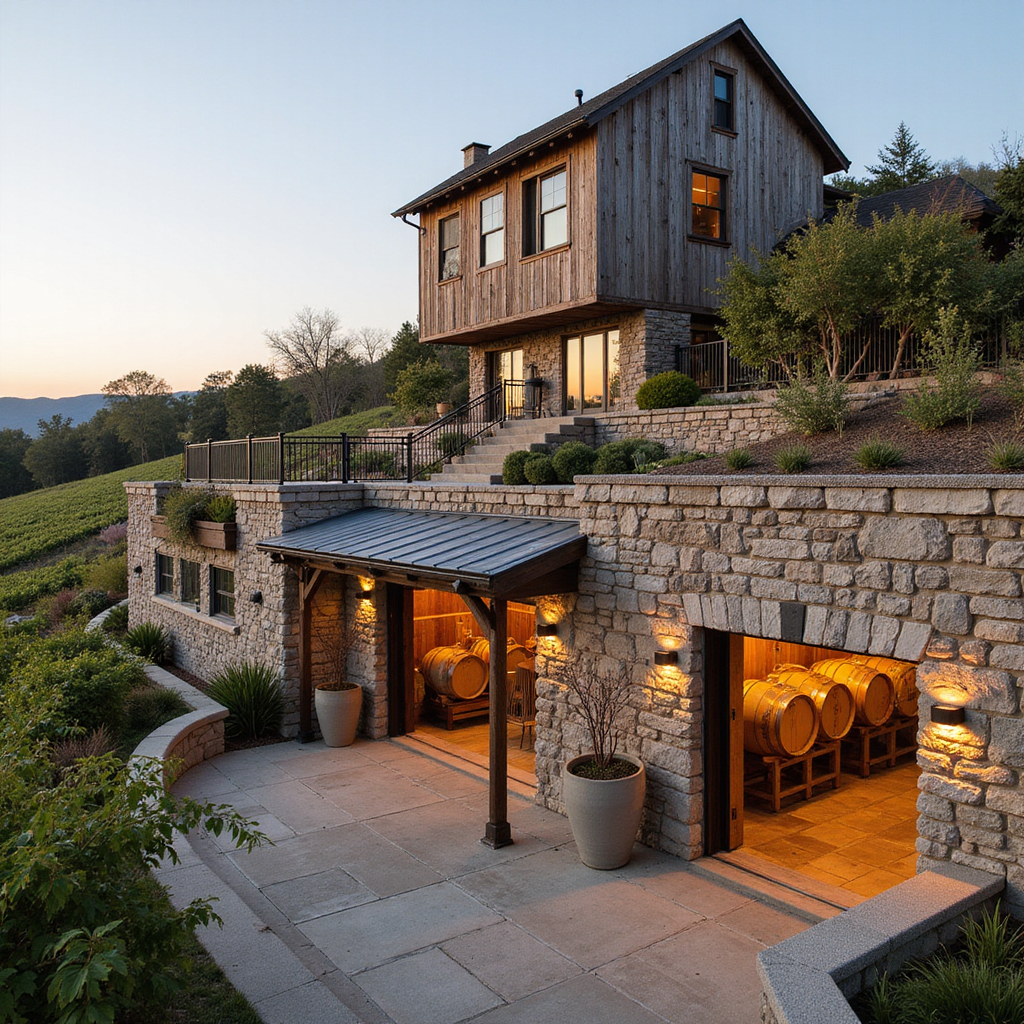 A hillside winery using gravity-flow design, terraced stone retaining walls, and pre-weathered timber cladding. Interiors include humidity-stable cellars, amber grazing lights, and polished stone floors. Shot in golden vineyard lighting, elevated side angle.