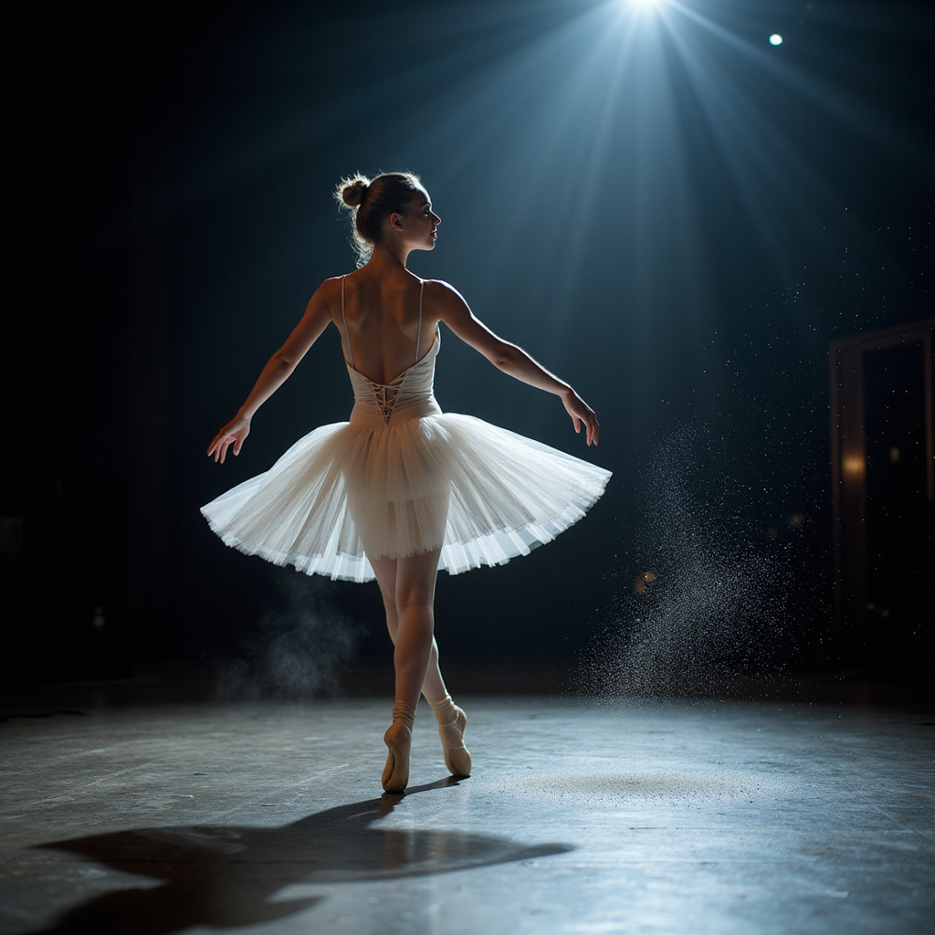 An elegant ballerina mid-spin on a dimly lit stage, her white tutu catching the spotlight as dust particles dance in the air. Fine art photography style with high contrast and soft motion blur.