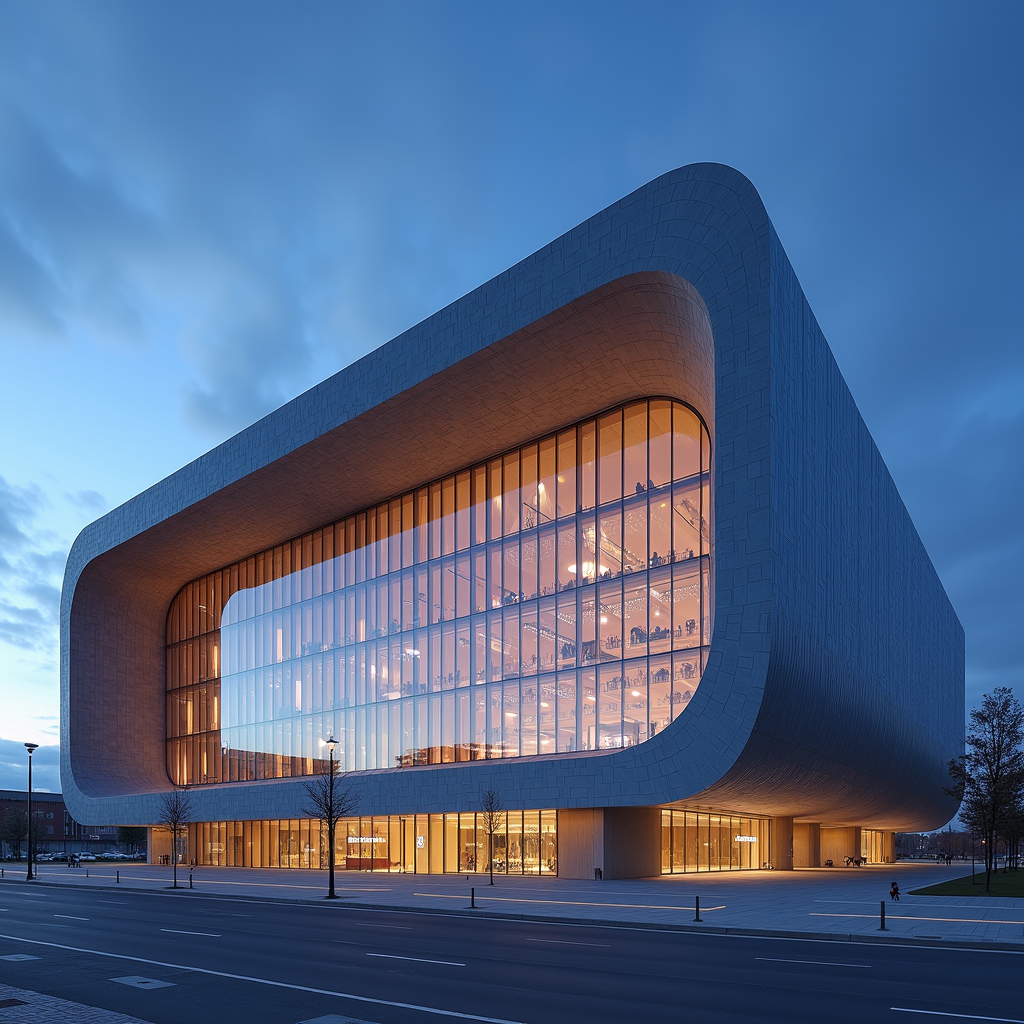 A metropolitan opera house with a parametric roof shell, long-span steel trusses, and high-performance glass curtain wall. Interiors integrate aluminum acoustic diffusers, stepped balustrades, and LED grazing lights. Captured at blue-hour, grand frontal angle, highlighting reflectivity and massing curvature.