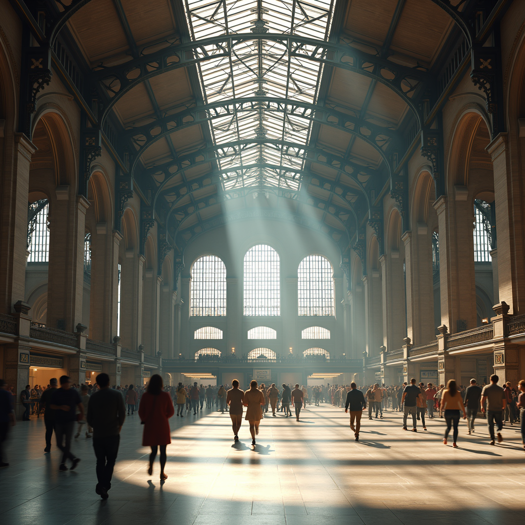 A colossal train station interior with towering vaulted ceilings and iron trusses stretching across the expanse. Sunlight filters through massive glass panels overhead, casting intricate shadows on the polished tile floor. Crowds of people move in fluid motion, their forms blurred slightly by depth of field. In a photorealistic style, every steel beam, marble column, and hanging clock is rendered with high resolution and detailed textures. The scene is captured from a wide-angle low viewpoint looking up toward the high ceiling.