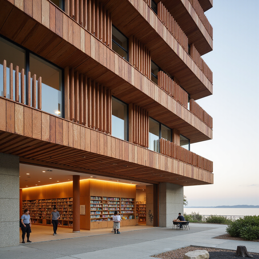 A coastal civic library composed of stacked mass-timber floorplates, ventilated terracotta baguette louvers, and a recessed entry framed by anodized aluminum fins. Interiors include terrazzo circulation bands, acoustic felt panels, and warm linear wall washers calibrated to soften reading zones. Shot in morning coastal haze, ¾ elevated architectural angle, emphasizing layered tectonics.