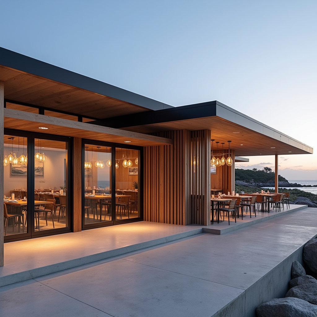 A seafront restaurant using low-profile roof planes, wind-rated pivot doors, and vertical timber louvers. Interiors include limewashed walls, resin flooring, and custom pendent clusters. Shot in sunset coastal contrast, wide façade angle.