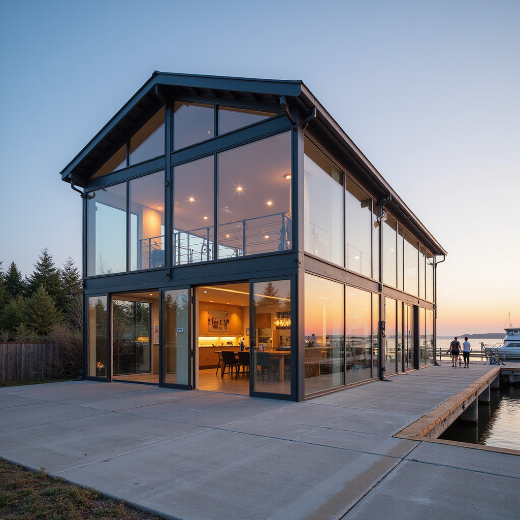 A maritime innovation hub with corrosion-resistant steel frames, laminated glazing, and a ventilated roof ridge engineered for constant airflow. Interiors include resin terrazzo, exposed MEP with organized conduits, and warm timber accents. Shot in coastal golden-hour, ¾ dockside angle.