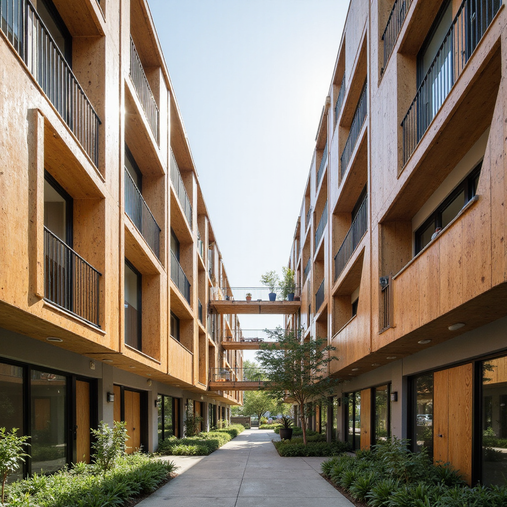 A modular housing complex built with volumetric CLT pods, exterior aluminum rainscreen systems, and cantilevered communal balconies. Interiors feature eco-rubber floors, resilient acoustic ceilings, and daylight-driven spatial zoning. Photographed in late-afternoon sidelight, courtyard perspective.