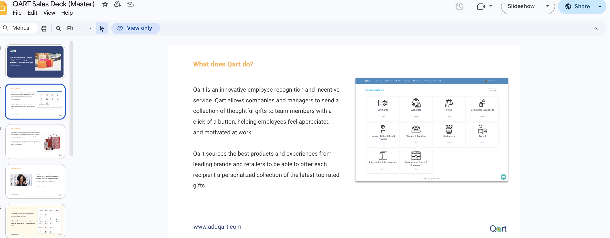 Original Qart sales deck showing product categories