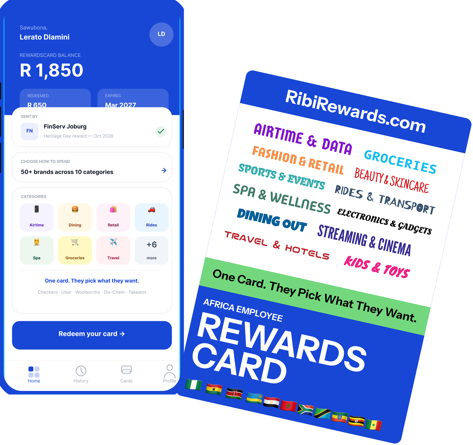 RewardsCard on mobile — recipient redemption experience