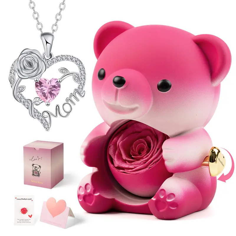 【Buy 2 Get 1 Free】Mother's Day Gift – True Love Real Rose Bear & Pink-Heart Mom Necklace