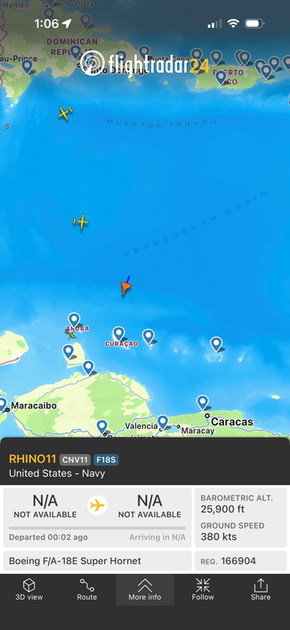 Flightaware24 app showing US Navy F-18 and radar plane off the Venezuela coast