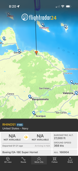 American Navy F18 flying over land in Venezuela - from Flightaware24