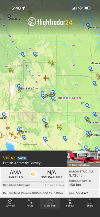 Flightradar24 screen showing a British Antarctic Survey plane over Wyoming USA