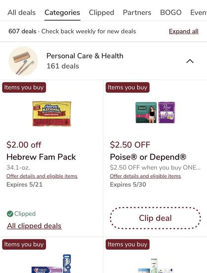 A screenshot from the ACME Supermarkets app showing the Hebrew National Family Pack of hot dogs in the Personal Care & Health section. The item on the opposite side of the page is for Poise or Depends