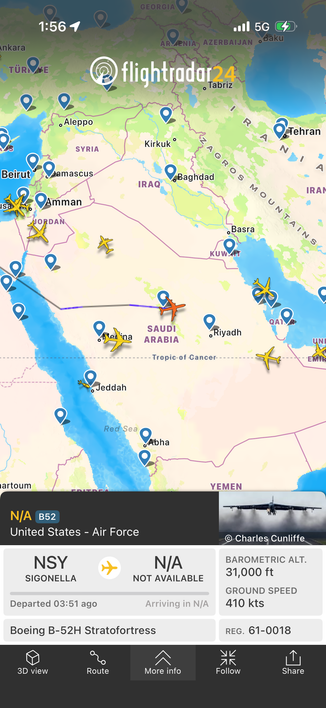 FlightRadar24 screenshot showing a US B-52 over central Saudi Arabia headed east