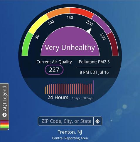Airnow.gov showing Air Quality of 227 Very Unhealthy at 8pm EDT 7/16/26