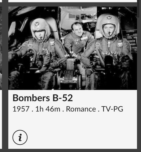 TCM app showing the 1957 movie “Bombers B-52” as a Romance movie