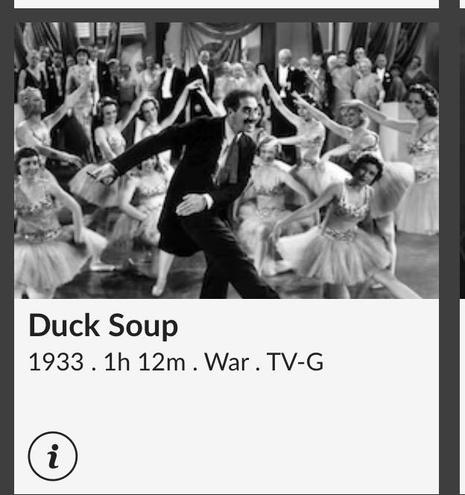 TCM app showing the Marx Brothers movie “Duck Soup” as a War movie