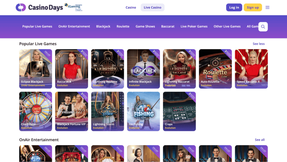 Casino Days live dealer games lobby