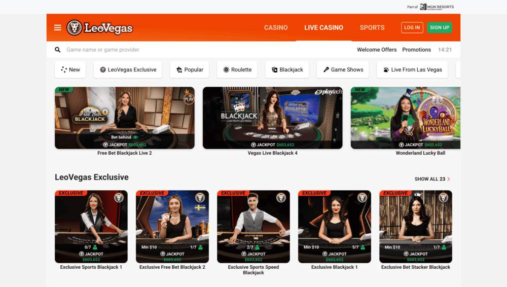 LeoVegas live dealer games lobby