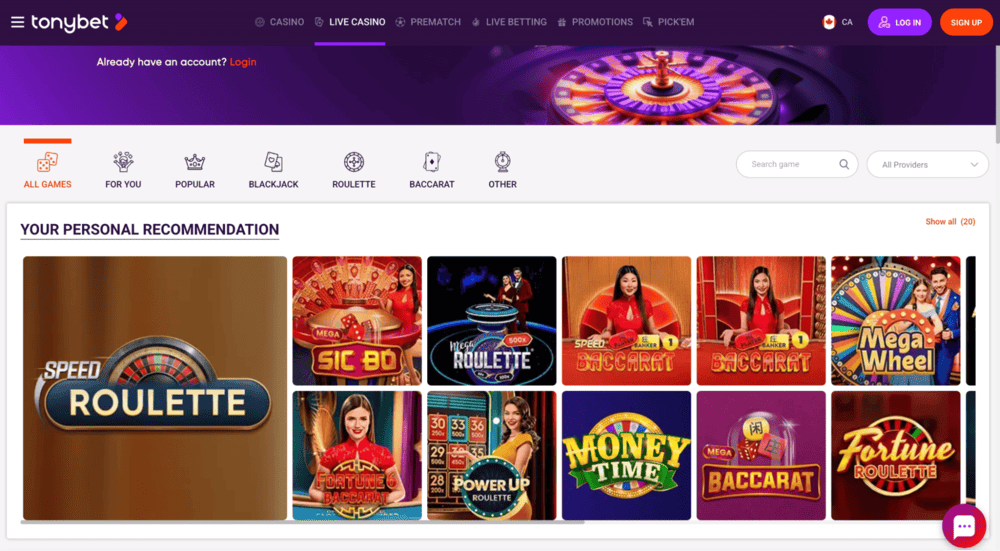 TonyBet live dealer games lobby