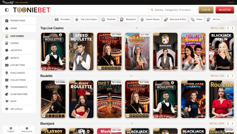 Tooniebet live dealer games lobby