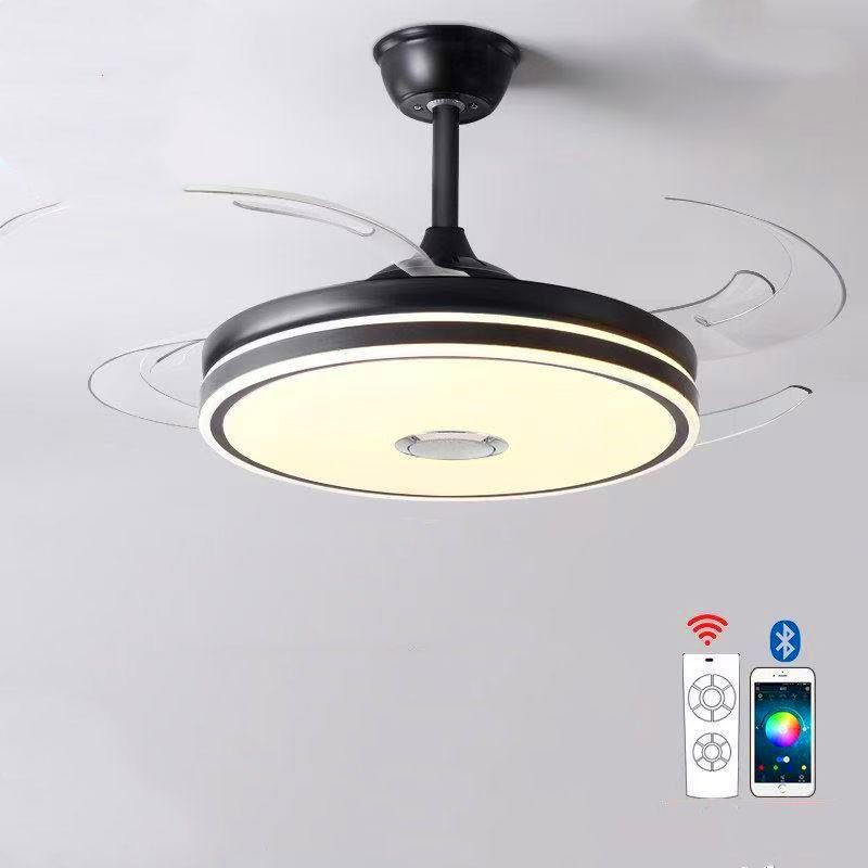 Modern Black Chandelier with Retractable Blades, Tricolor LED &amp; Bluetooth Speaker.