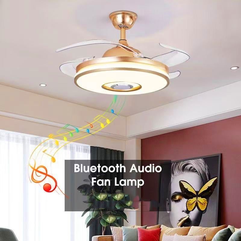 Designer Gold Chandelier Fan with Music and Adjustable LED Light.