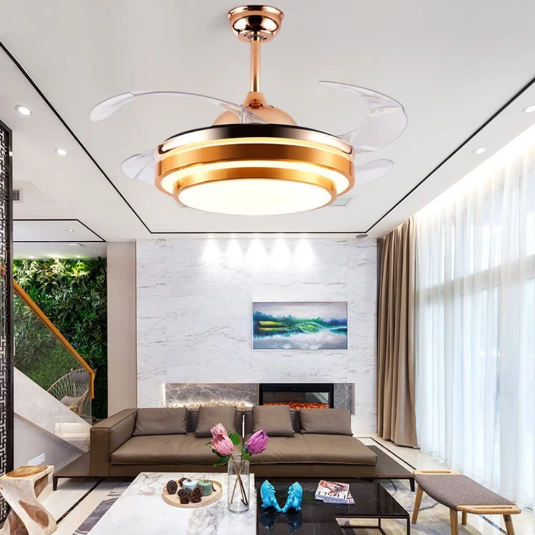 Gold Ceiling Fan with LED Lighting, Silent Copper Motor &amp; Bluetooth Audio.