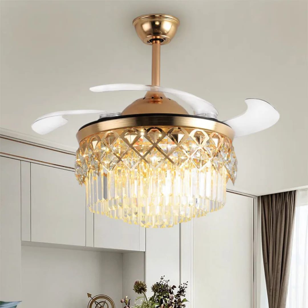 Designer 42-Inch Chandelier Fan – Gold Crystal LED Ceiling Fan.
