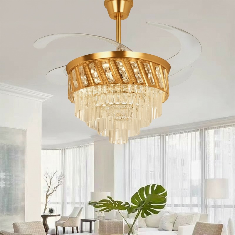 Energy-Efficient Gold Crystal Chandelier Fan – Dimmable LED &amp; Bluetooth.