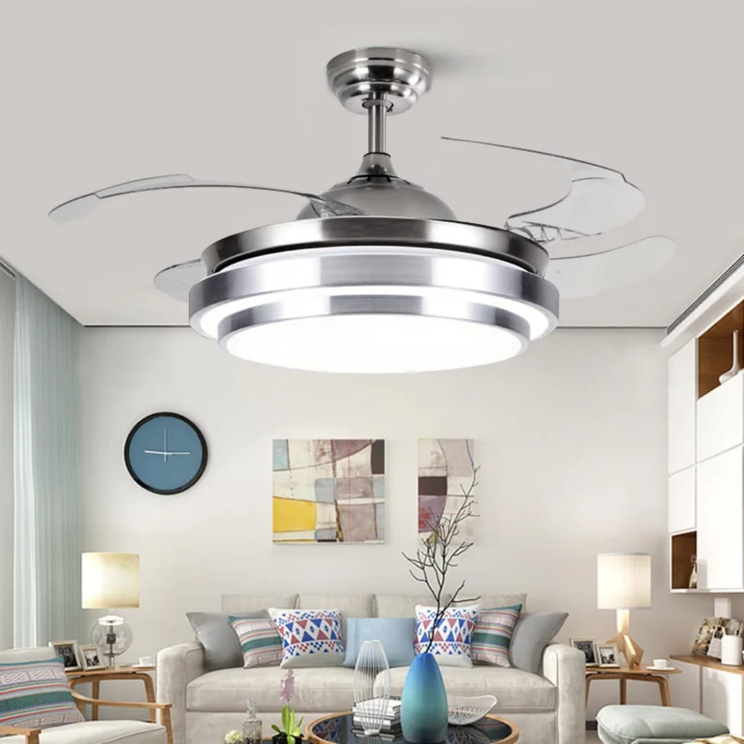 Modern Silver Chandelier with LED Light, Retractable Blades, and Bluetooth Speaker.