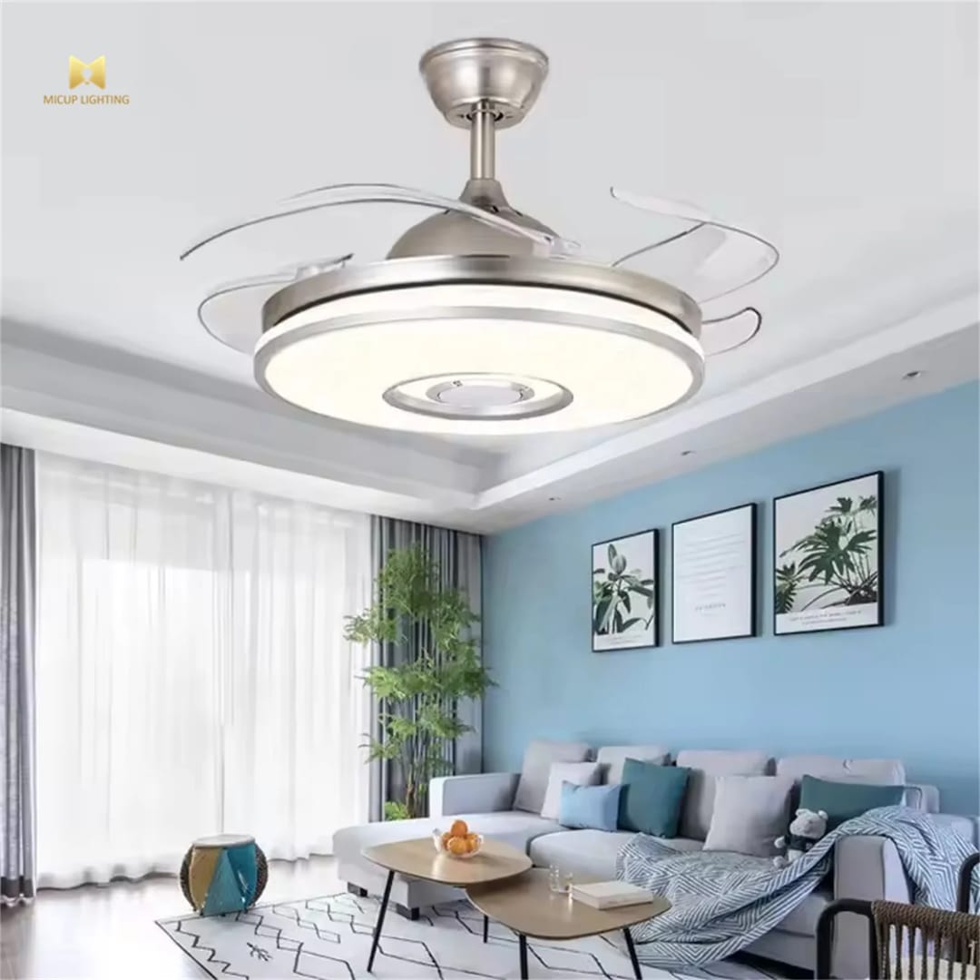 42-Inch Silver Bluetooth Ceiling Fan with Retractable Blades and LED Light.
