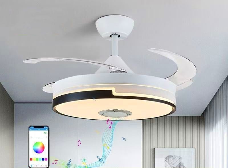Modern White Ceiling Fan with Invisible Blades, Tricolor LED Lighting &amp; Bluetooth Speakers.