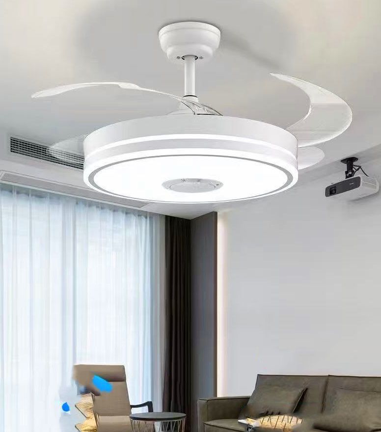 42-Inch White Bluetooth Chandelier Fan – Retractable Ceiling Fandelier with LED Light &amp; Speaker.