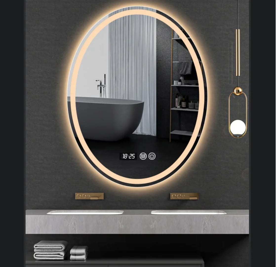 Oval Shaped Wall-Mounted Frameless LED Bathroom Mirror.