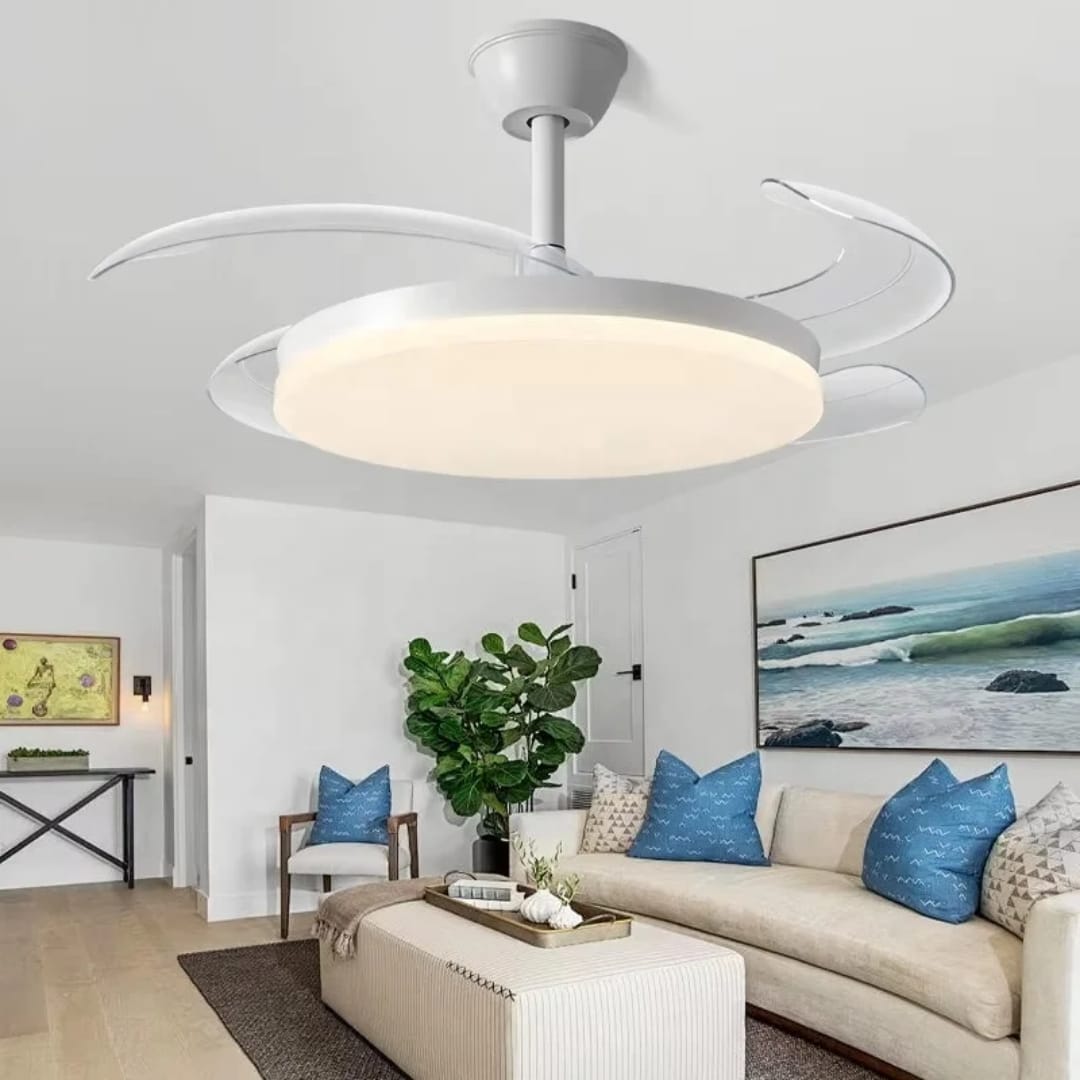 White Modern Chandelier with Fan combo and LED Light, ideal for Living Room, Dining, Bedroom