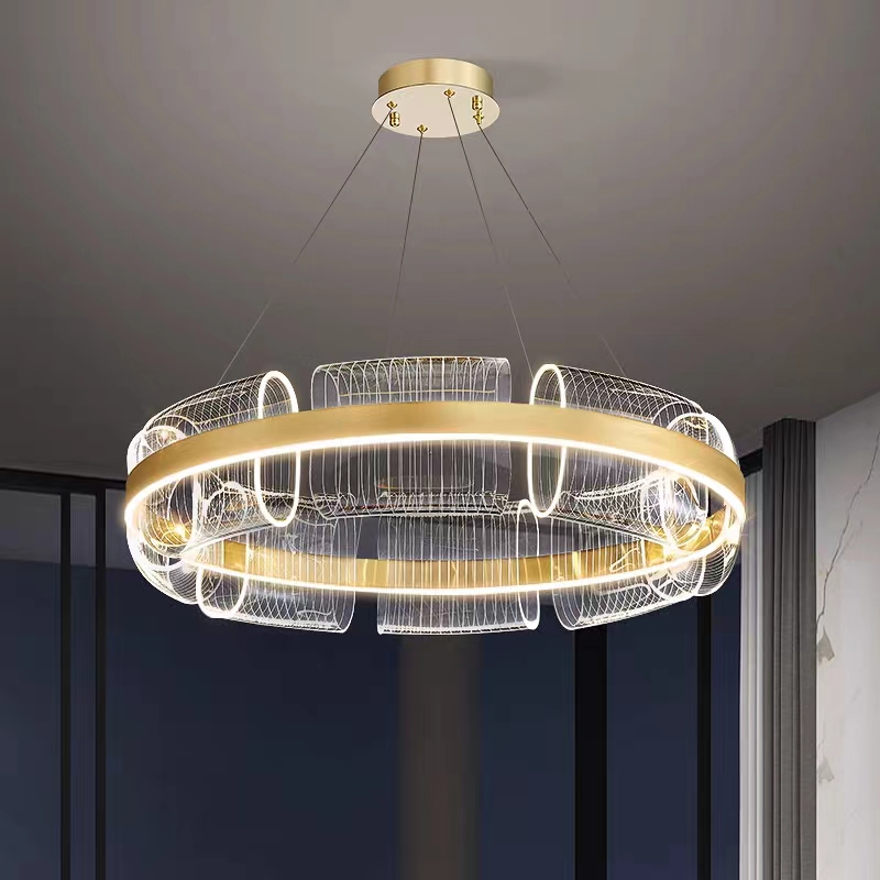 Circular LED Ceiling Lamp with Gold Frame – Nordic Modern Chandelier for Living Room &amp; Dining.
