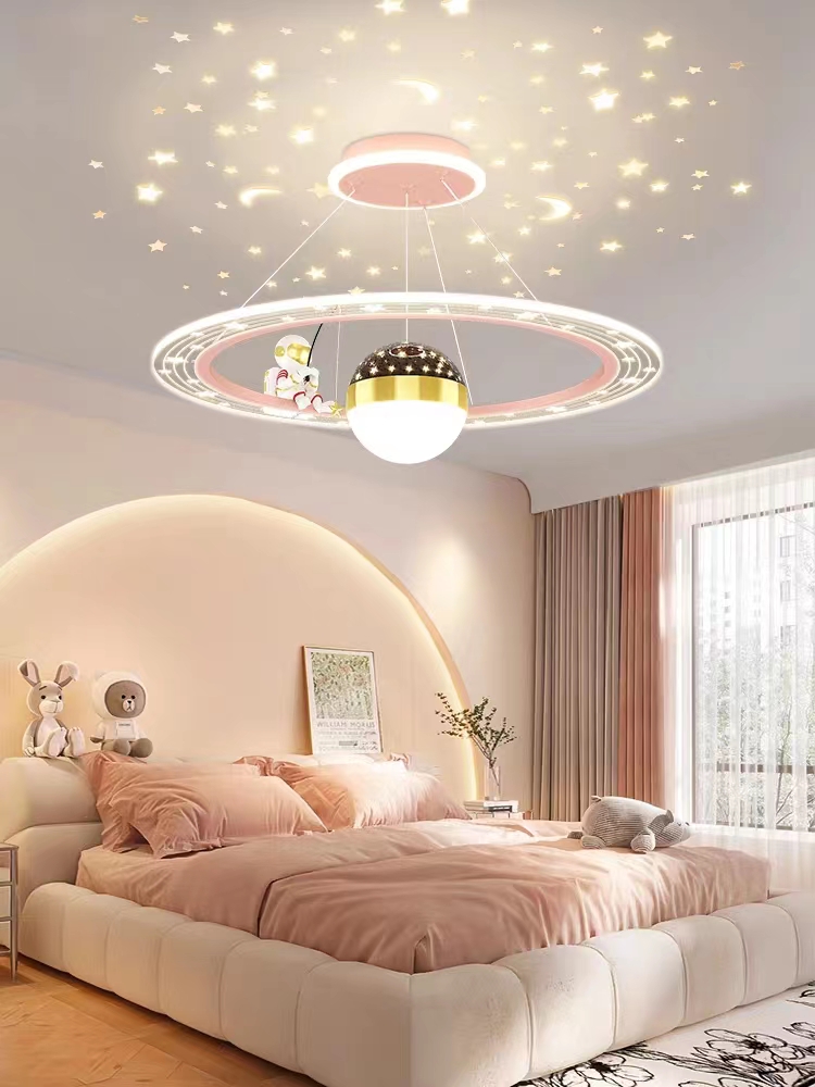 Nordic LED Star Projector Chandelier – Astronaut Ceiling Light for Kids Bedroom.