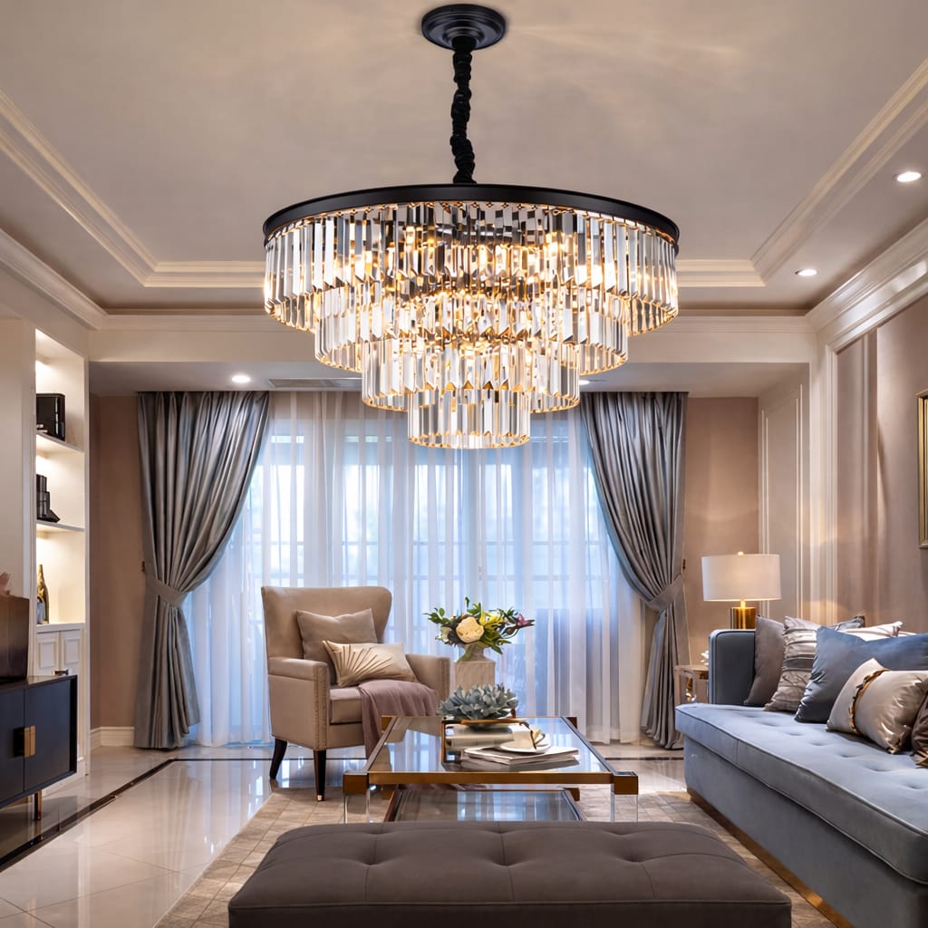 Matte Black &amp; Gold Luxury Tiered Crystal Chandelier for Modern Home Interior.