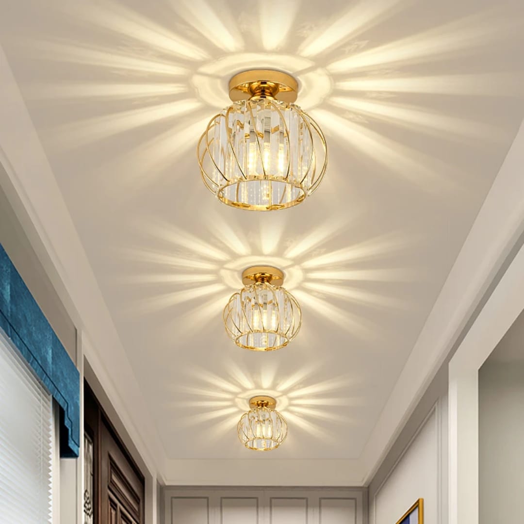 Modern Gold Crystal Flush Mount Ceiling Light – Luxury Hallway &amp; Corridor Lighting.
