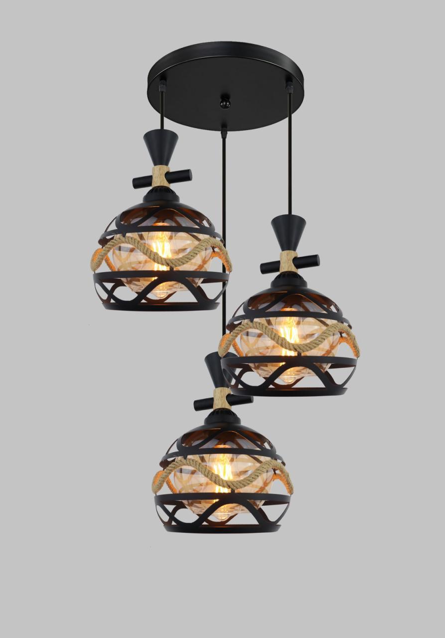 Triple Head Droplight Chandelier – Black Metal &amp; Rope Pendant Light for Warm Home Ambience.